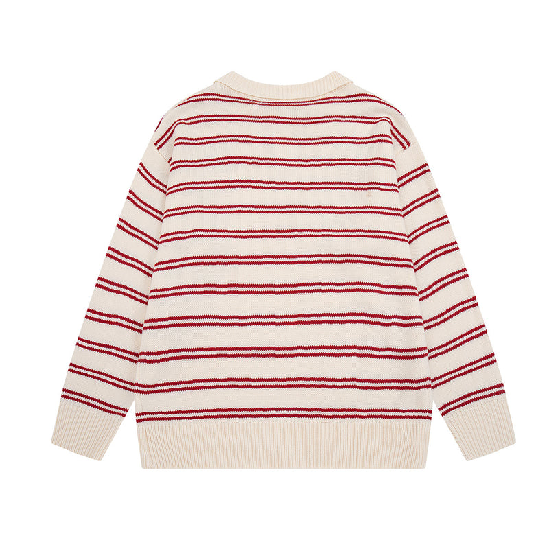 Striped Polo Knit Sweater with Cartoon Embroidery – Relaxed Unisex Pullover