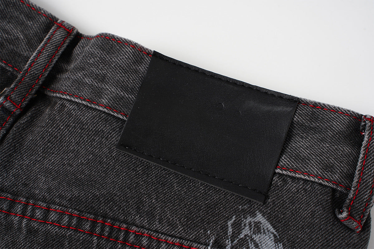 Wide-Leg Jeans Washed Black Gothic Wing Print with Red Contrast Stitching