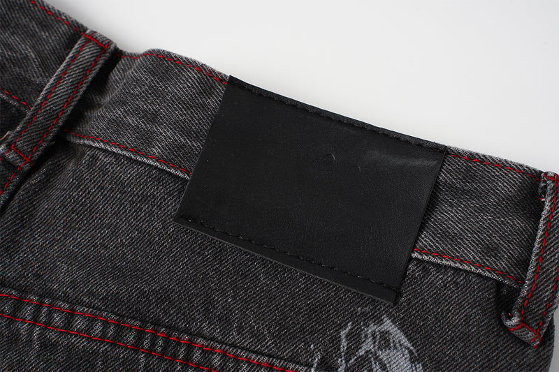 Wide-Leg Jeans Washed Black Gothic Wing Print with Red Contrast Stitching