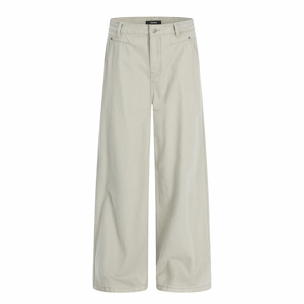 Men's wide-leg straight-cut trousers in misty sand with utility back pocket and relaxed silhouette