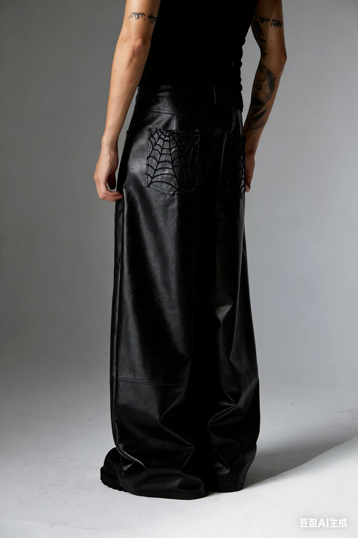 Wide-Leg Faux Leather Pants with Spiderweb Embossed Panels