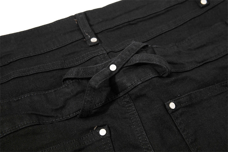 Men's Black Double Waistband Bell Bottom Flare Jeans with Diagonal Zipper