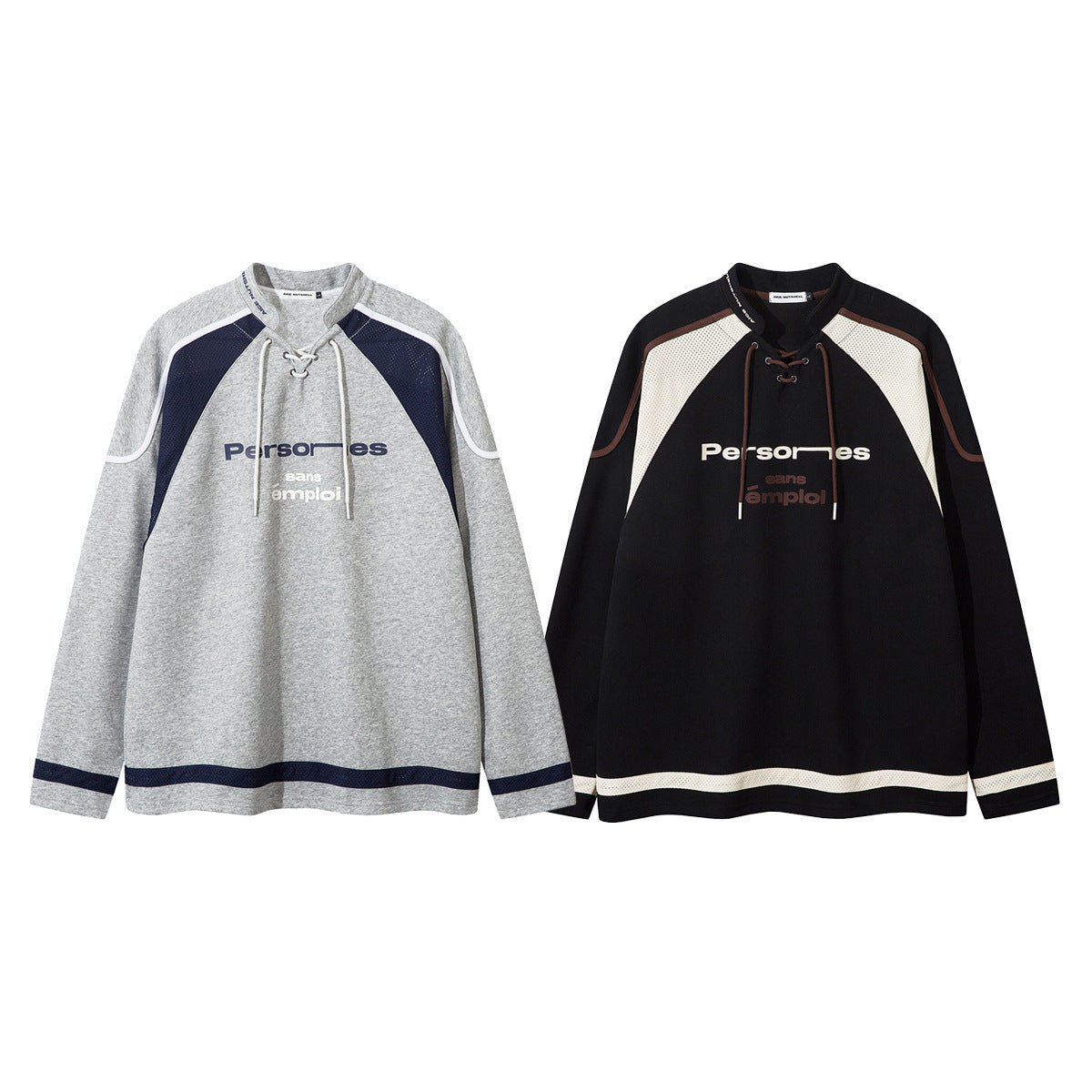 Lace-Up Hockey Jersey Sweatshirt – Colorblock Mesh Panel Pullover