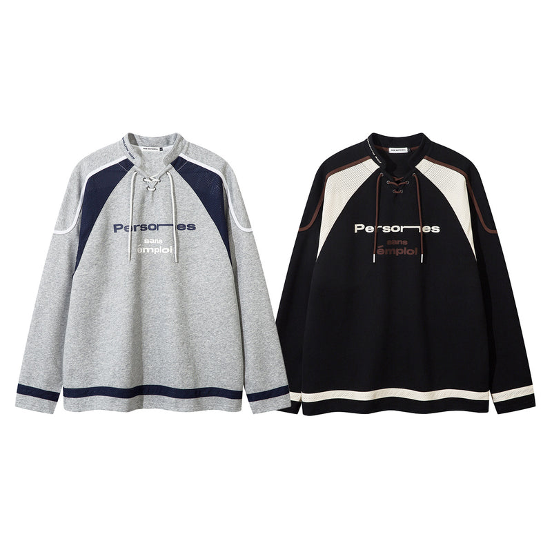 Lace-Up Hockey Jersey Sweatshirt – Colorblock Mesh Panel Pullover