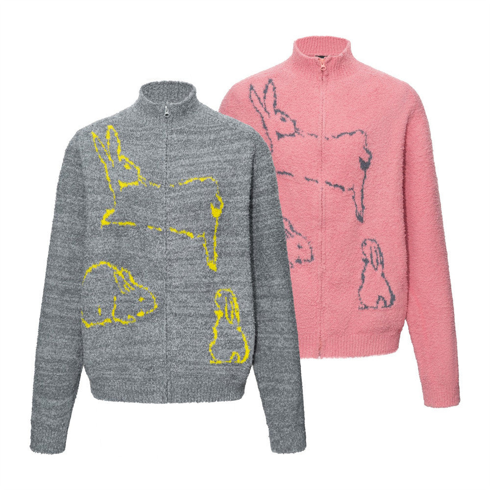 Rabbit Print Zip-Up Knit Sweater – Men's Oversized Mock Neck Cardigan