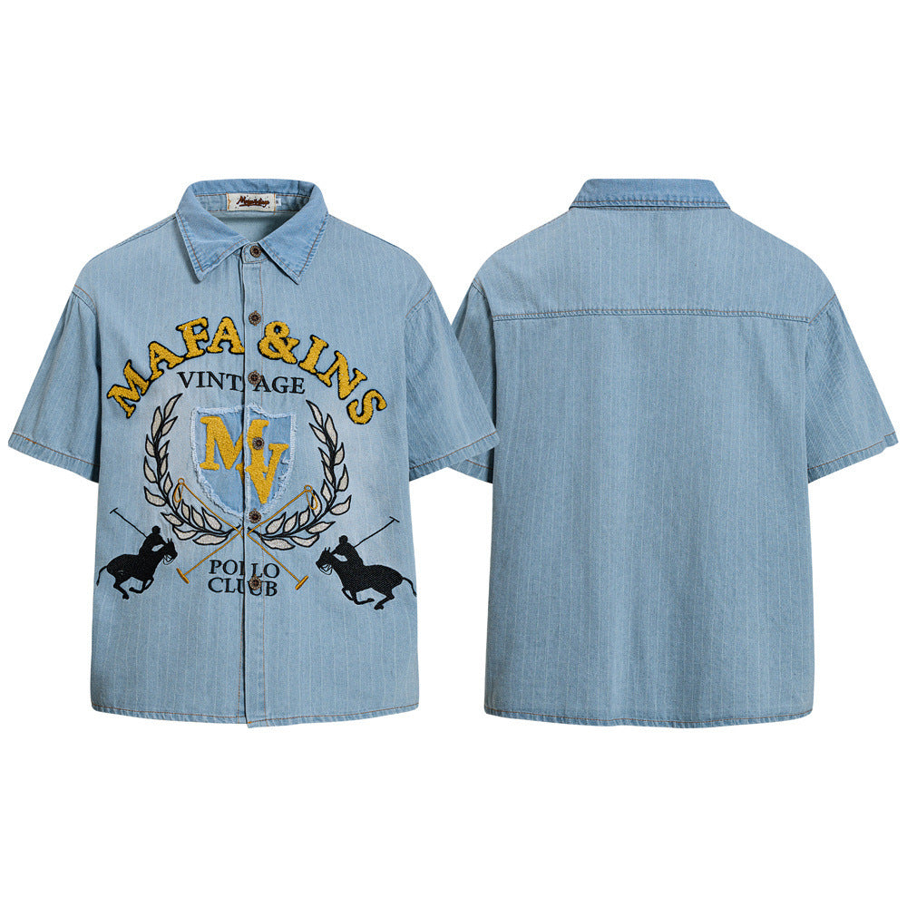 Vintage Polo Club Badge Embroidered Denim Short Sleeve Shirt