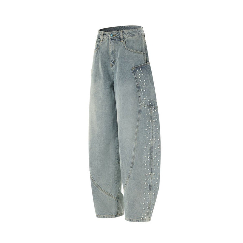 Pearl-Studded Wide-Leg Denim Cargo Jeans – Vintage Washed Scimitar Cut