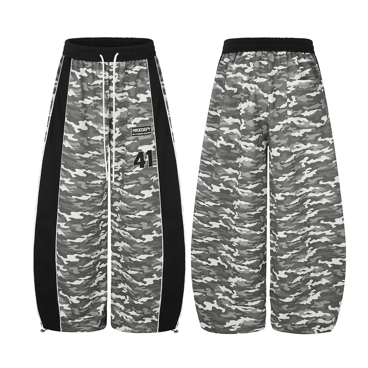 Pantalon de survêtement camouflage à jambes larges avec empiècements latéraux noirs et patch numéroté