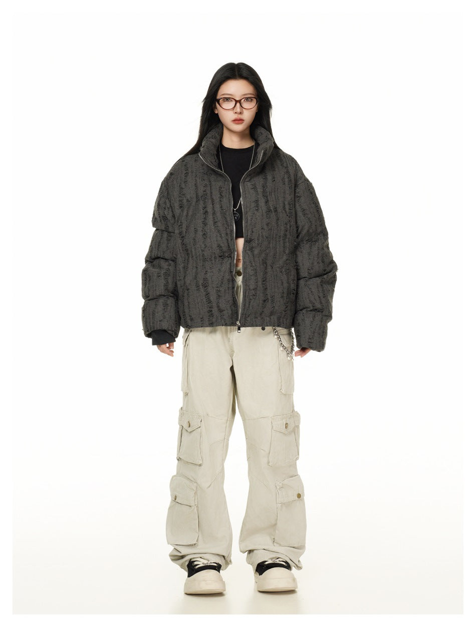 Distressed Texture Puffer Jacket Stand Collar Padded Coat