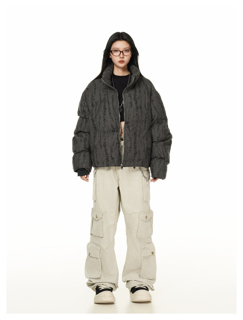 Distressed Texture Puffer Jacket Stand Collar Padded Coat
