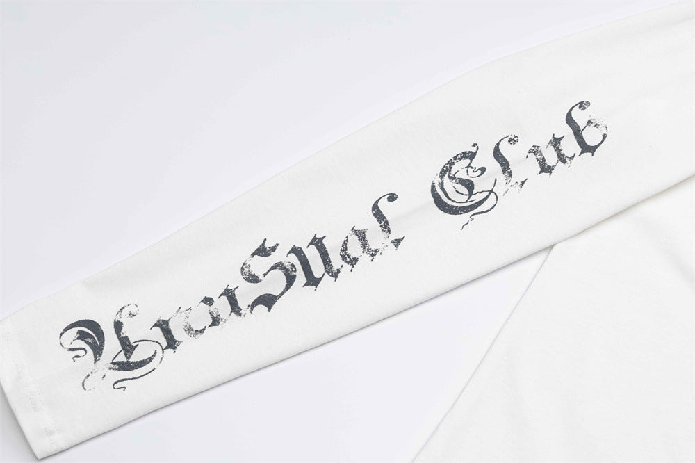 White sleeve close-up with distressed gothic text graphic