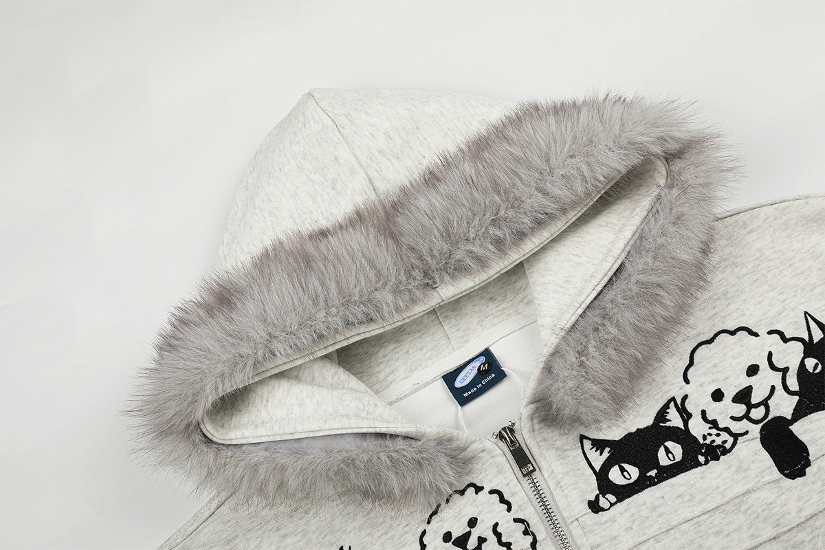 Sweat à capuche zippé brodé chat avec col en fausse fourrure – Style bomber court
