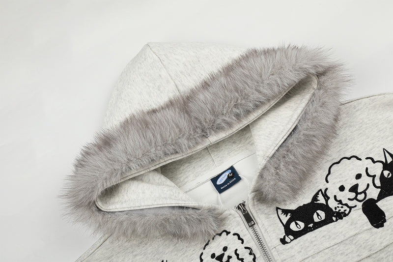 Sweat à capuche zippé brodé chat avec col en fausse fourrure – Style bomber court