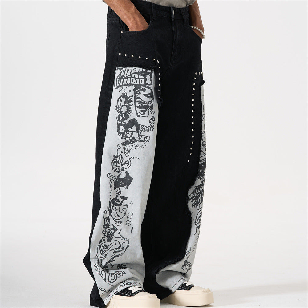 Wide-Leg Patchwork Jeans – Graffiti Print Panels & Studded Detail