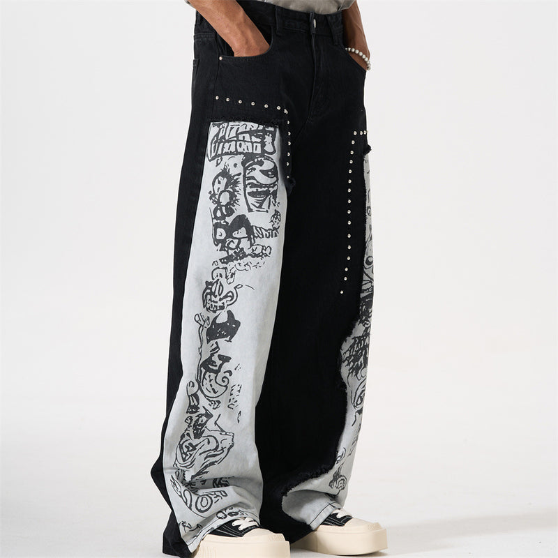 Wide-Leg Patchwork Jeans – Graffiti Print Panels & Studded Detail