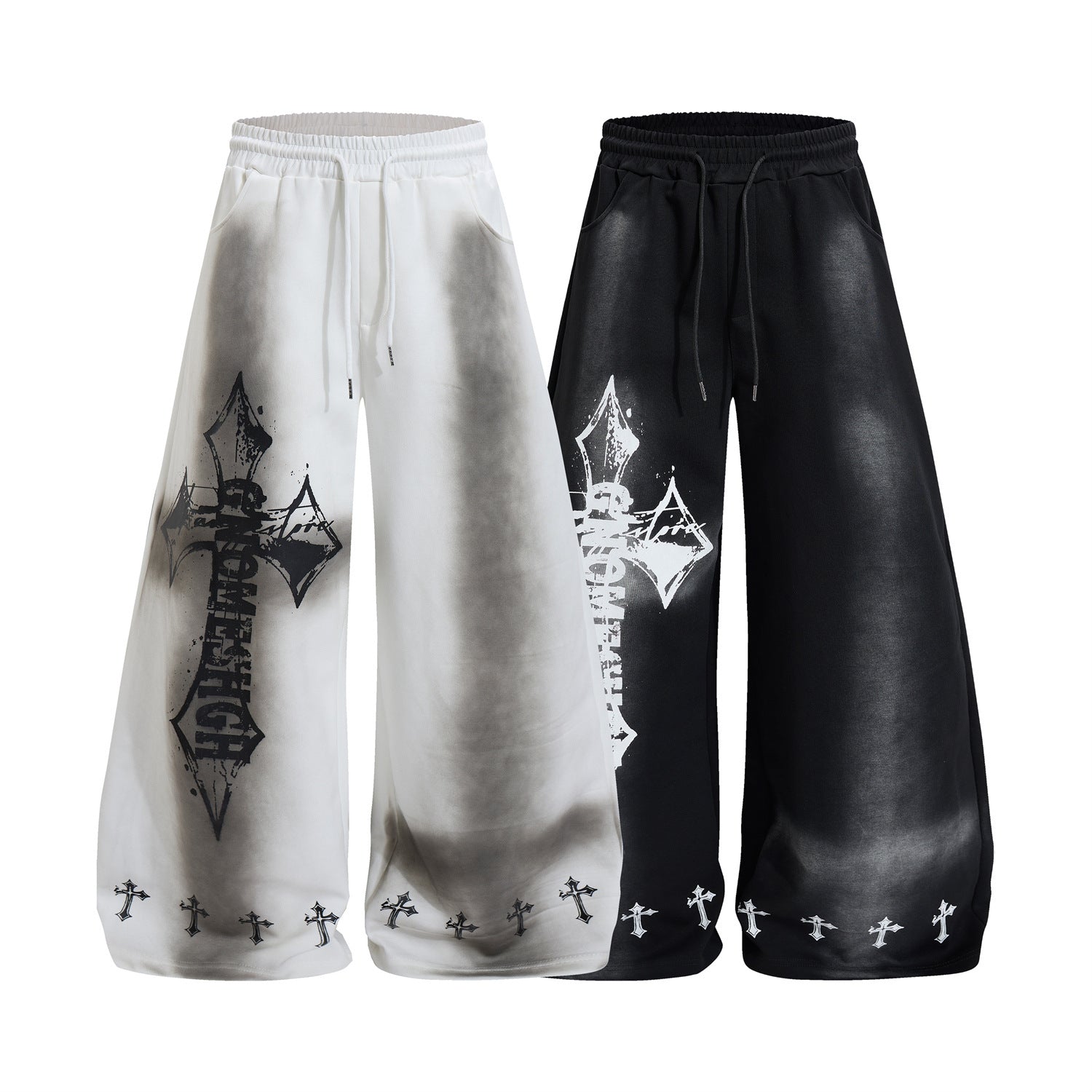Pantalon de survêtement à jambes larges avec croix gothique et finition délavée