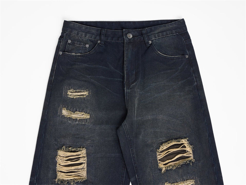 Men's Dark Wash Ripped Wide-Leg Jeans – Distressed Streetwear Denim