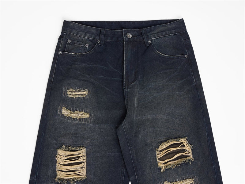 Men's Dark Wash Ripped Wide-Leg Jeans – Distressed Streetwear Denim