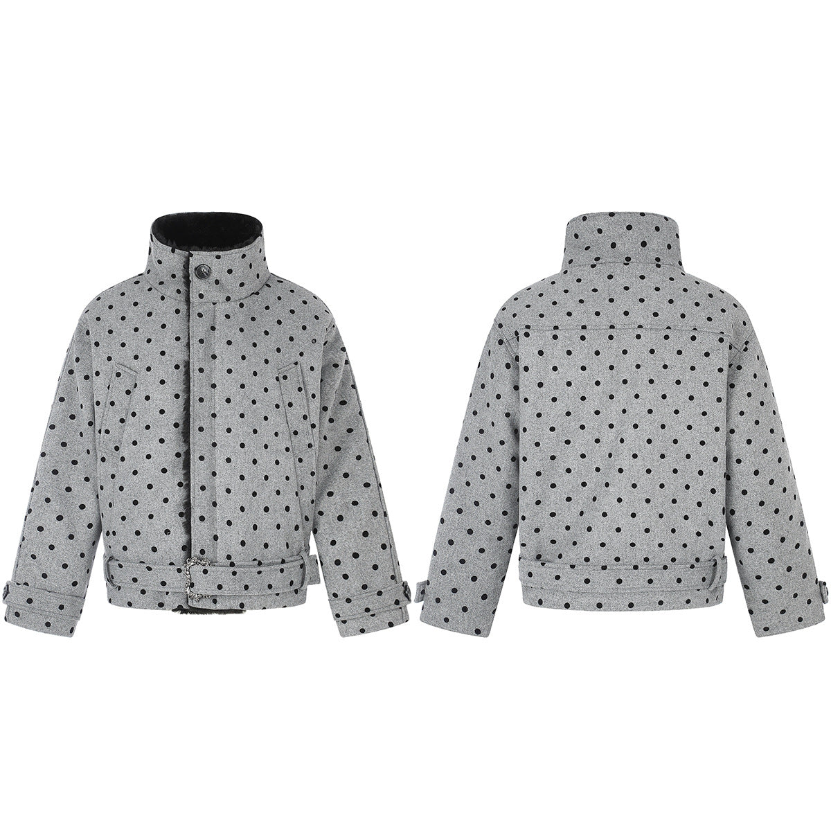 Polka Dot Wool-Blend Jacket with Faux Fur Collar – Oversized Retro Outerwear