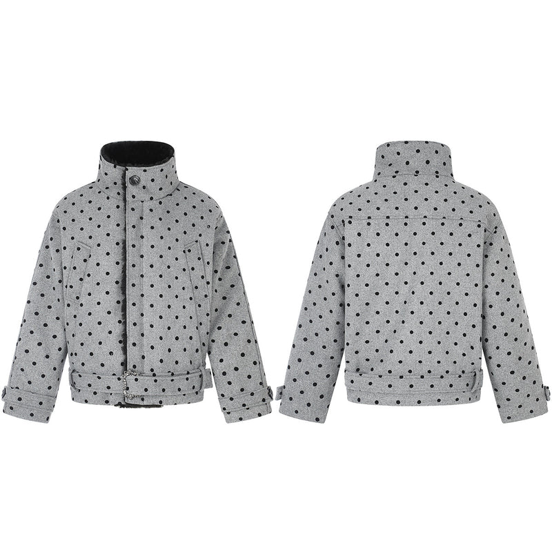 Polka Dot Wool-Blend Jacket with Faux Fur Collar – Oversized Retro Outerwear