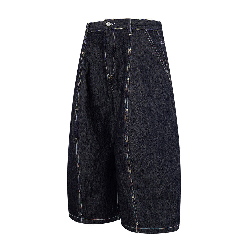 Wide-Leg Denim Cargo Shorts – Multi-Pocket Workwear Style