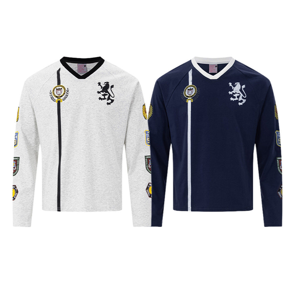 Maillot de football homme à manches longues et col en V avec écusson lion brodé et écussons sur les manches, en gris chiné