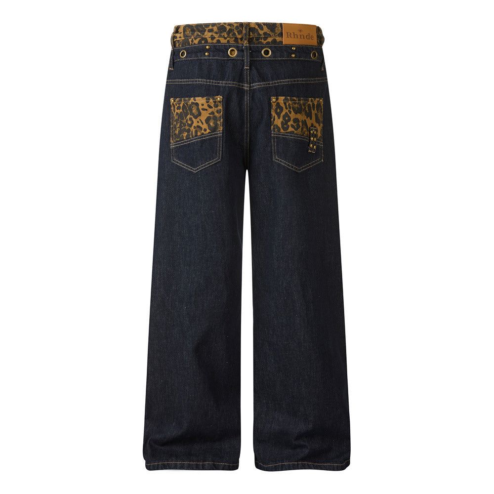 Wide-Leg Jeans with Leopard Print Double Waistband – Men's Dark Indigo Denim