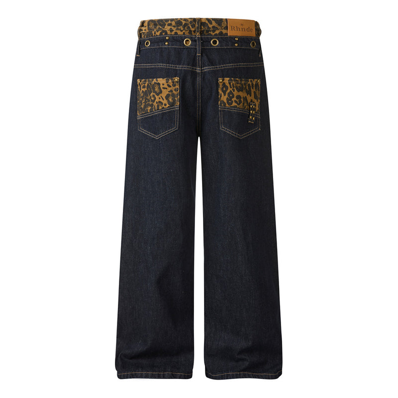 Wide-Leg Jeans with Leopard Print Double Waistband – Men's Dark Indigo Denim