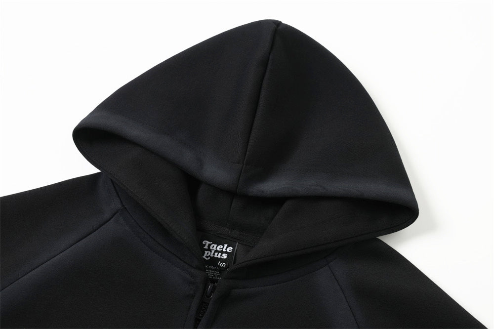 Zip-Up Hoodie Distressed Graphic Print Raglan Sleeve — Black