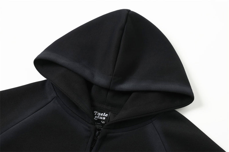 Zip-Up Hoodie Distressed Graphic Print Raglan Sleeve — Black