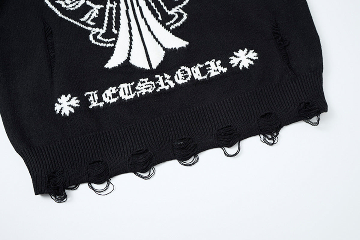 Crew Neck Knit Sweater Gothic Cross Distressed Hem Streetwear