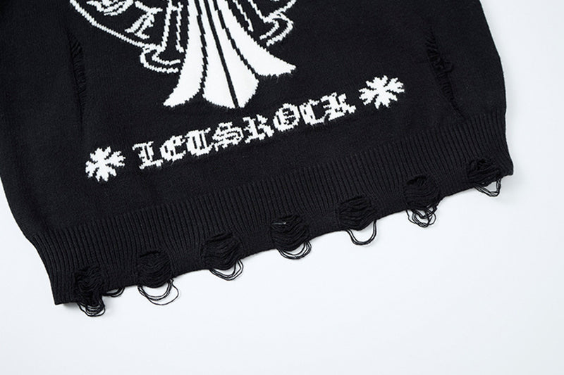 Crew Neck Knit Sweater Gothic Cross Distressed Hem Streetwear