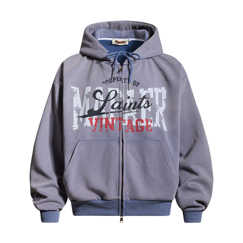 Vintage Graphic Zip-Up Hoodie – Distressed Letter Print, Spray-Dyed Oversized