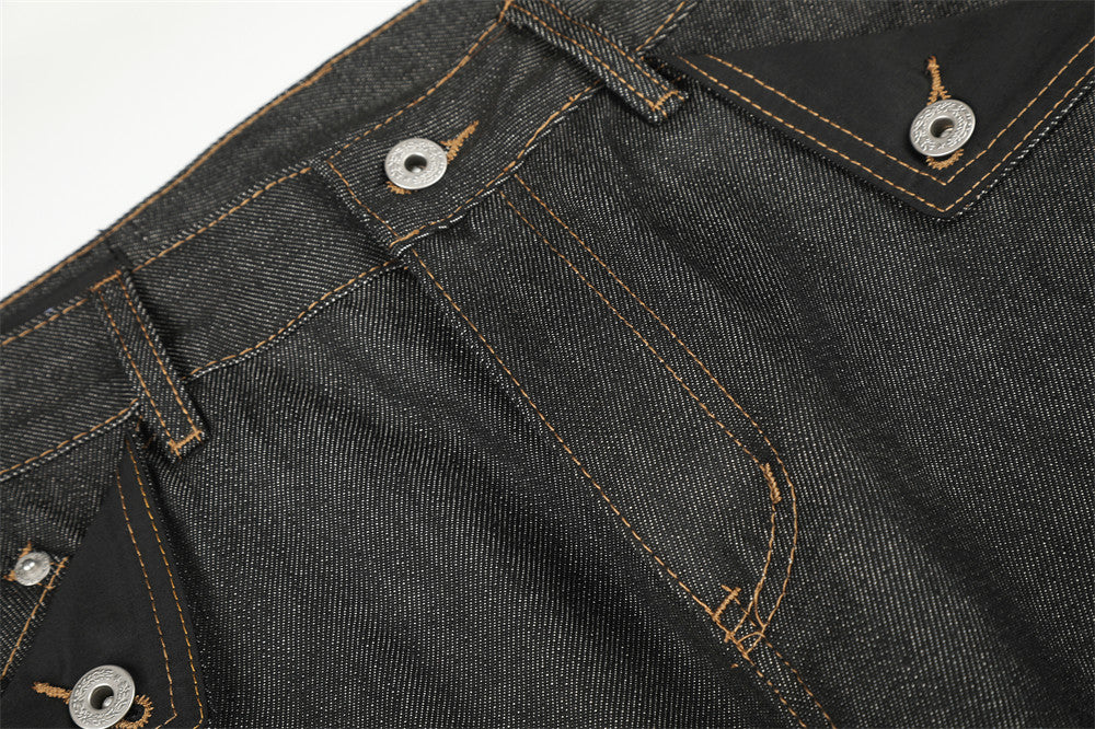 Raw Denim Cargo Wide-Leg Jeans – Multi-Pocket Straight Fit