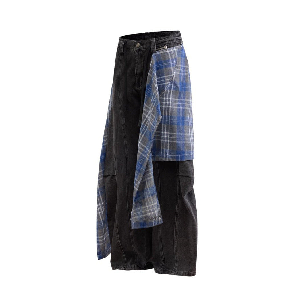 Wide-Leg Jeans with Detachable Plaid Skirt Overlay — Deconstructed Punk