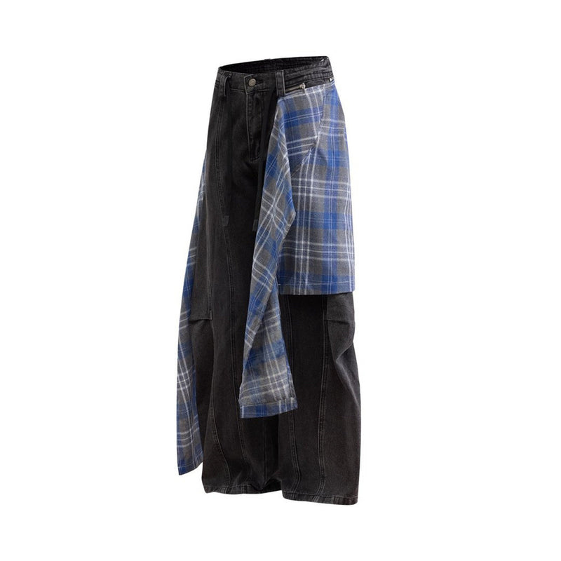 Wide-Leg Jeans with Detachable Plaid Skirt Overlay — Deconstructed Punk