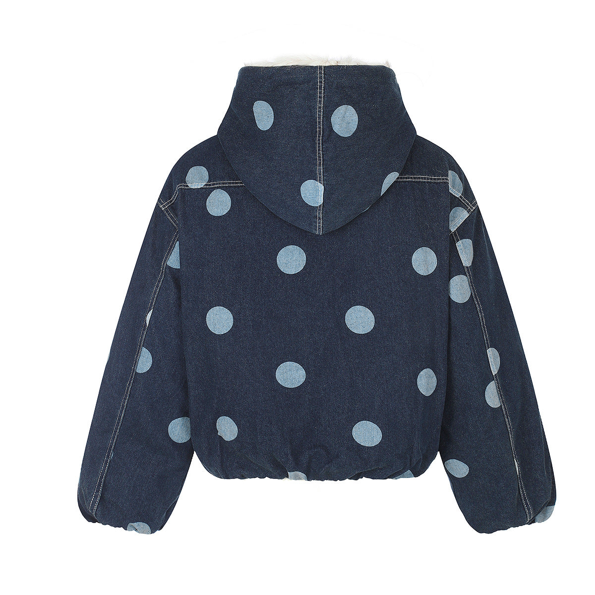 Polka Dot Denim Hooded Jacket with Sherpa Lining