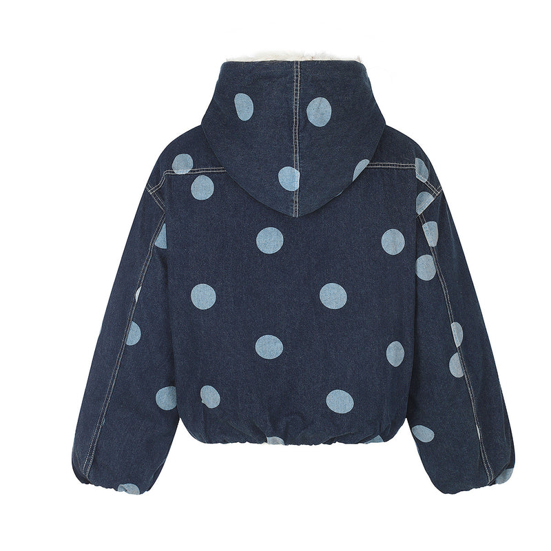 Polka Dot Denim Hooded Jacket with Sherpa Lining