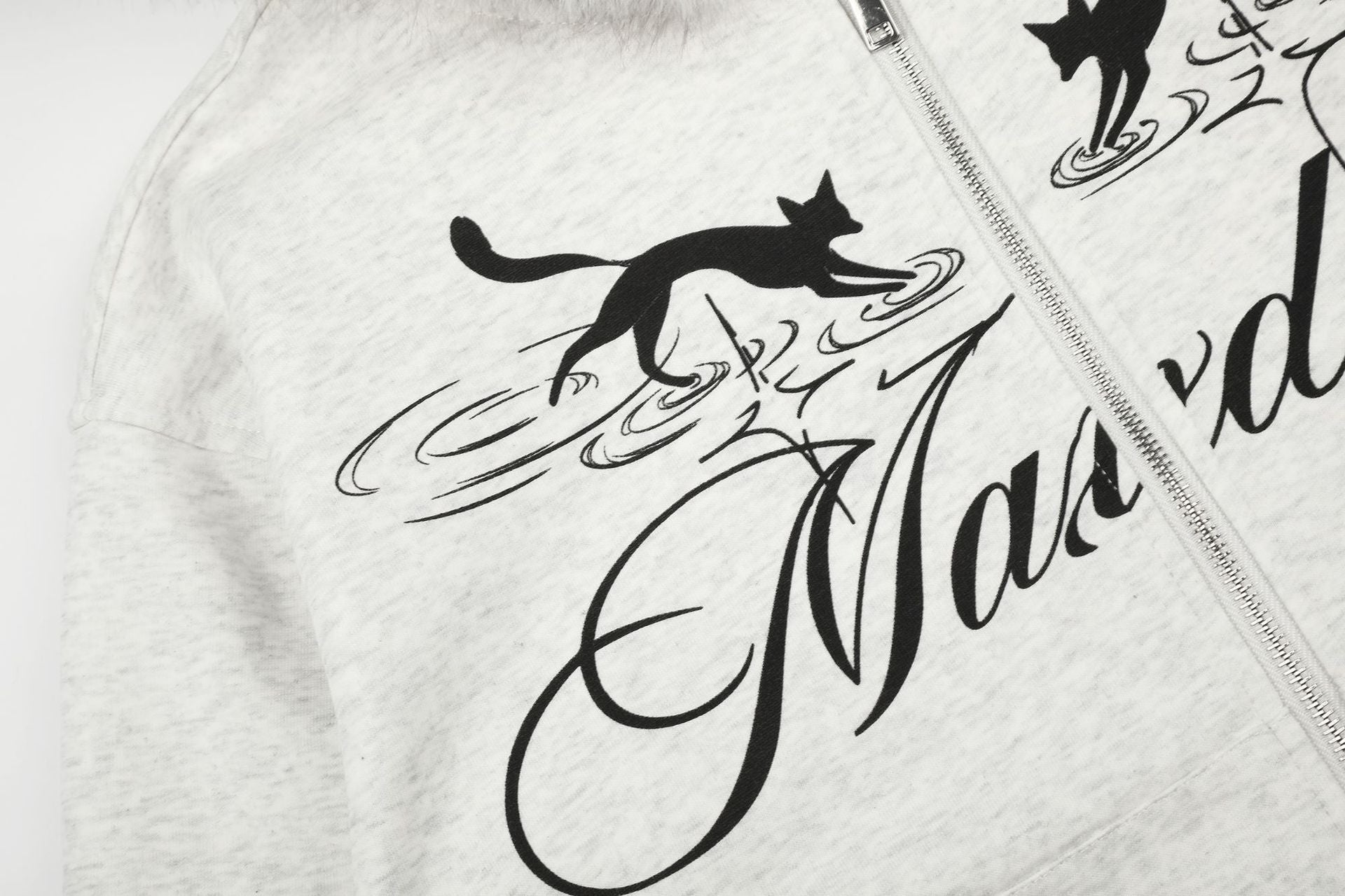 Sweat à capuche zippé à motif chat avec bordure en fausse fourrure