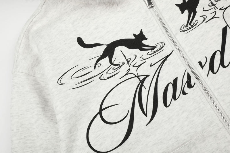 Sweat à capuche zippé à motif chat avec bordure en fausse fourrure
