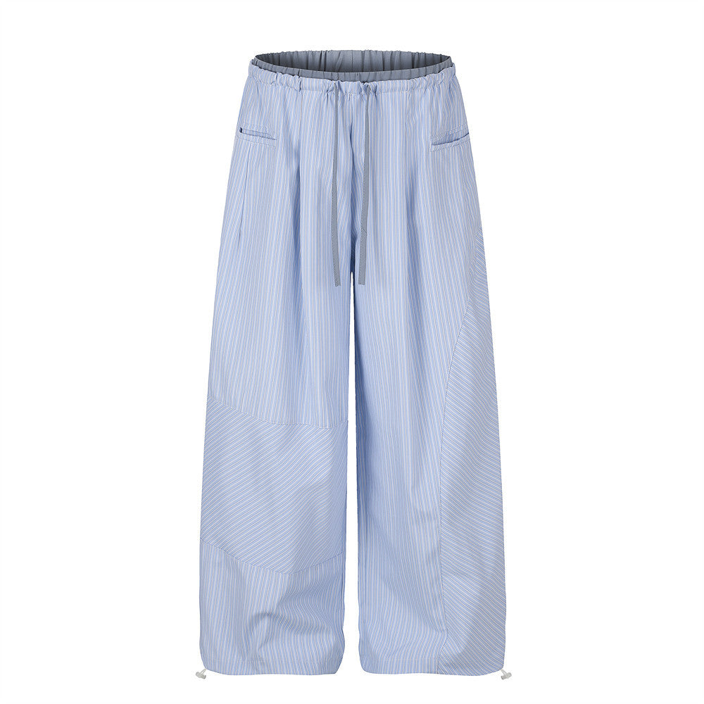 Japanese Striped Wide-Leg Pants – Irregular Patchwork Double Waistband Relaxed F