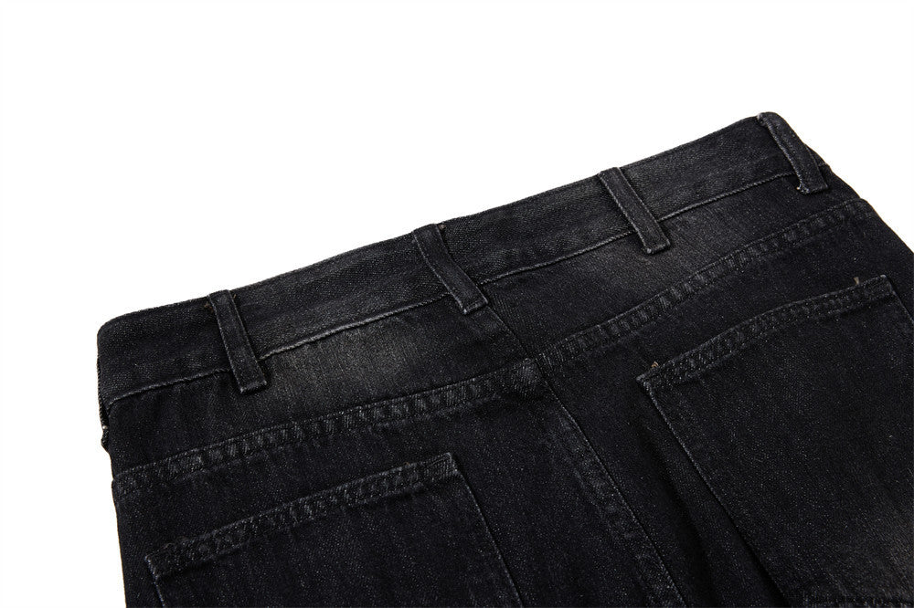 Gothic Buckle Strap Flare Jeans – Men's Washed Black Distressed Denim