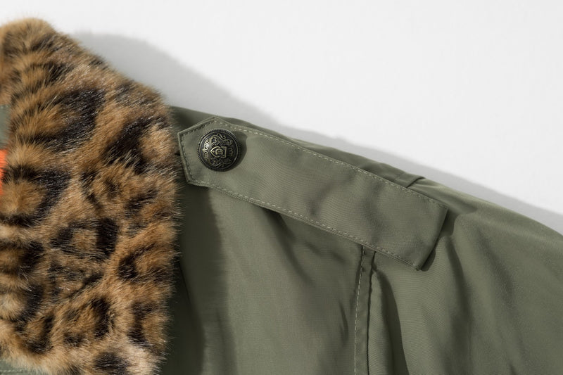 Military Bomber Jacket with Leopard Faux Fur Collar & Double-Breasted Button