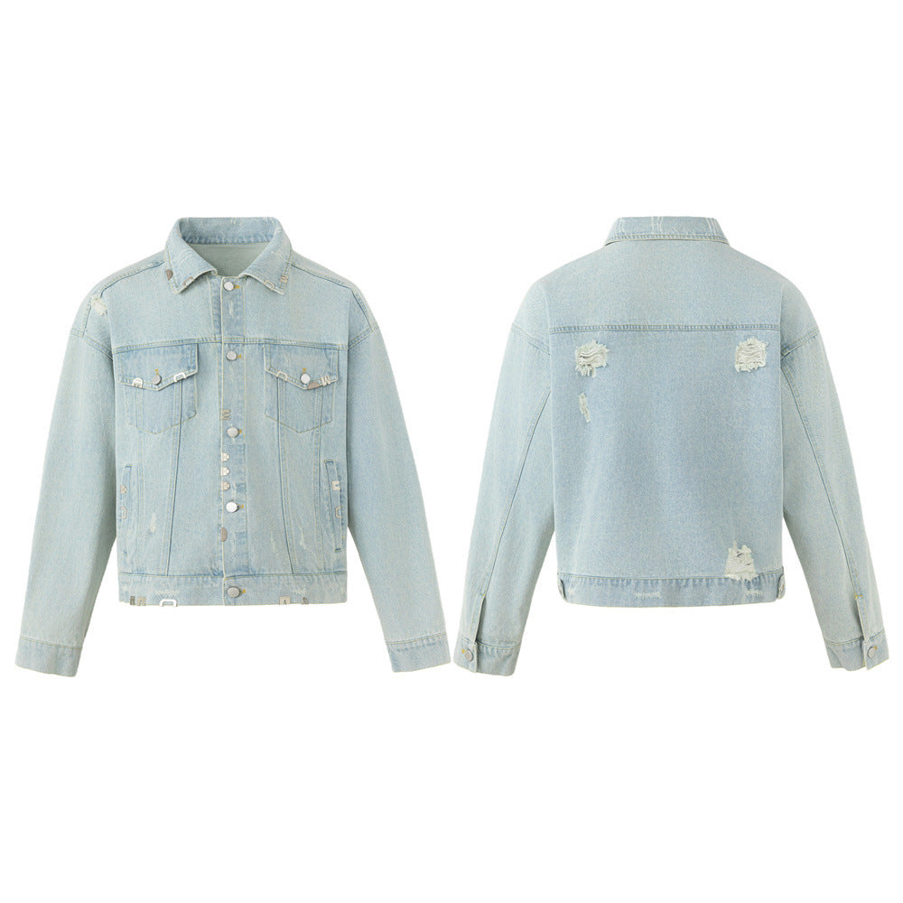 Light wash distressed denim jacket shown from front and back with metal hardware and frayed patches