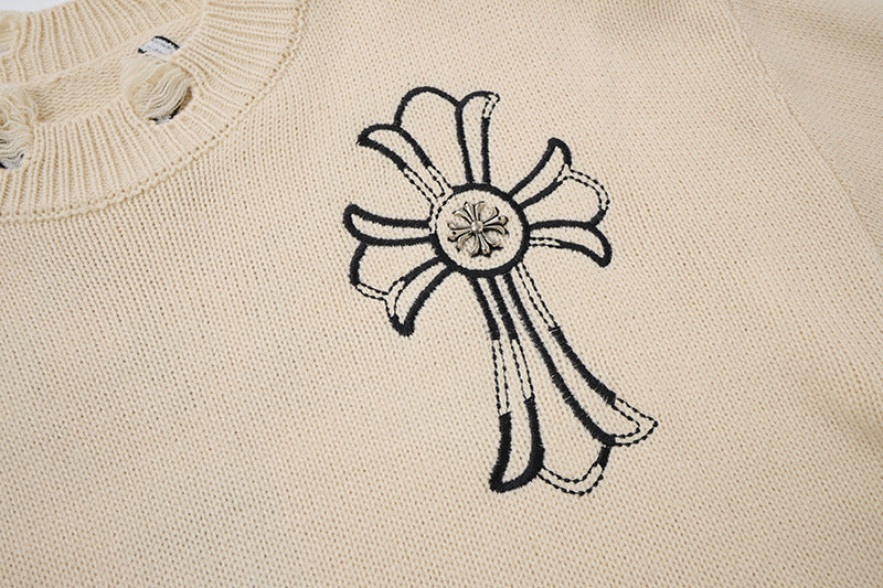 Pull en maille destroy à broderies croisées – Sweat oversize à col rond