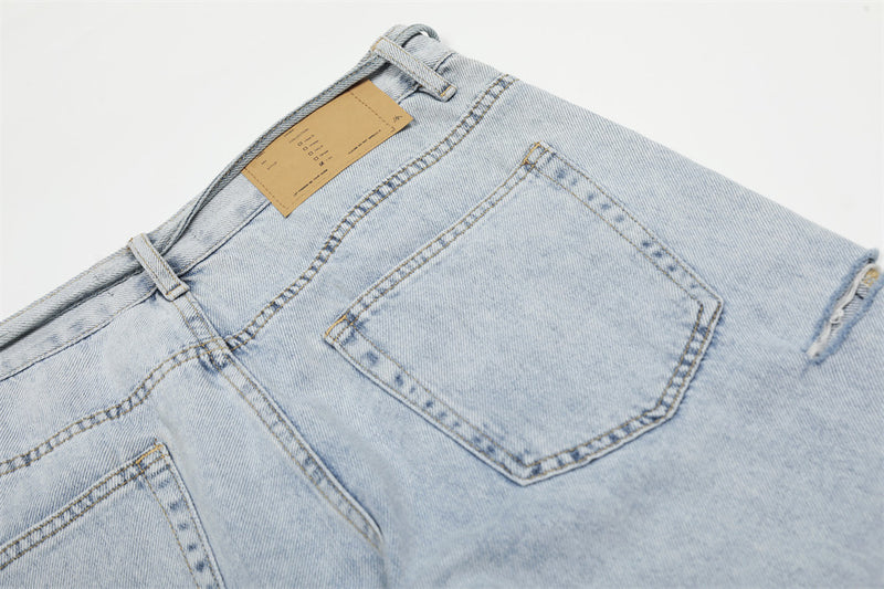 Wide-Leg Distressed Jeans – Light Blue Acid-Washed Straight-Cut Denim with