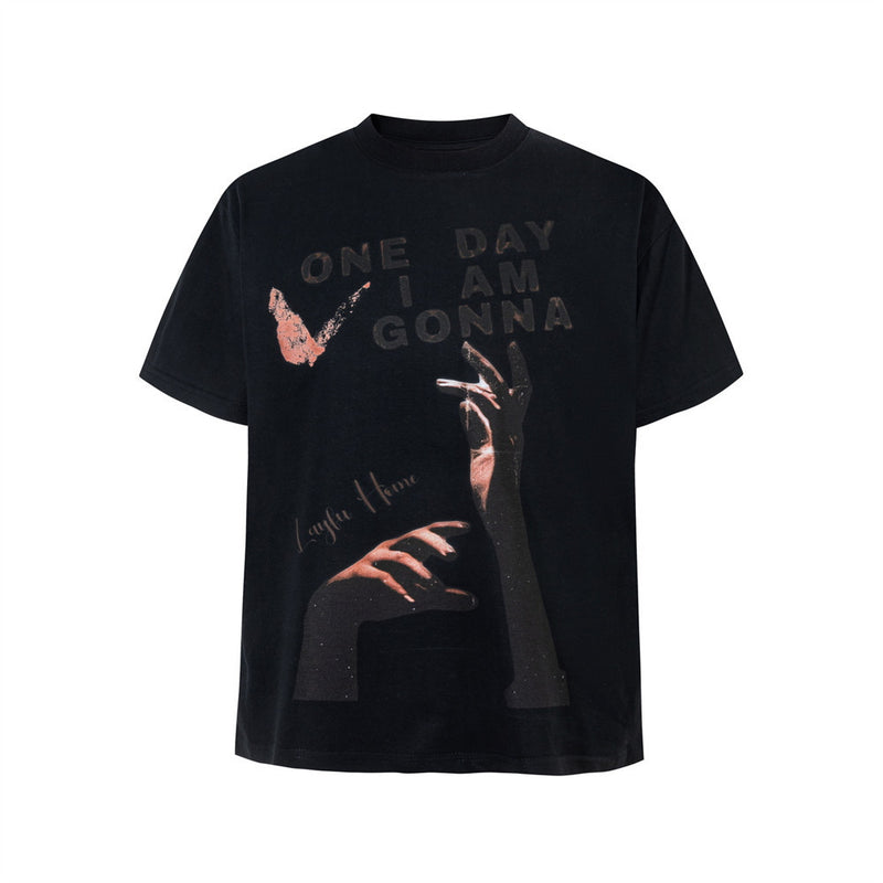 Graphic Print Short Sleeve T-Shirt – One Day I Am Gonna Hand & Butterfly Print
