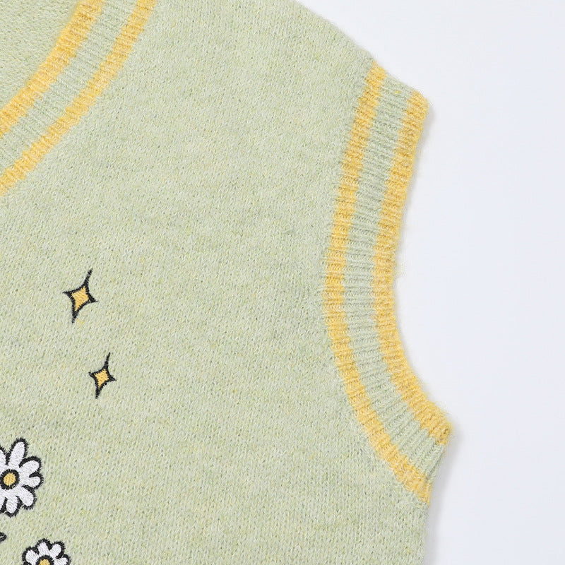 V-Neck Knit Sweater Vest with Cute Puppy Picnic Embroidery