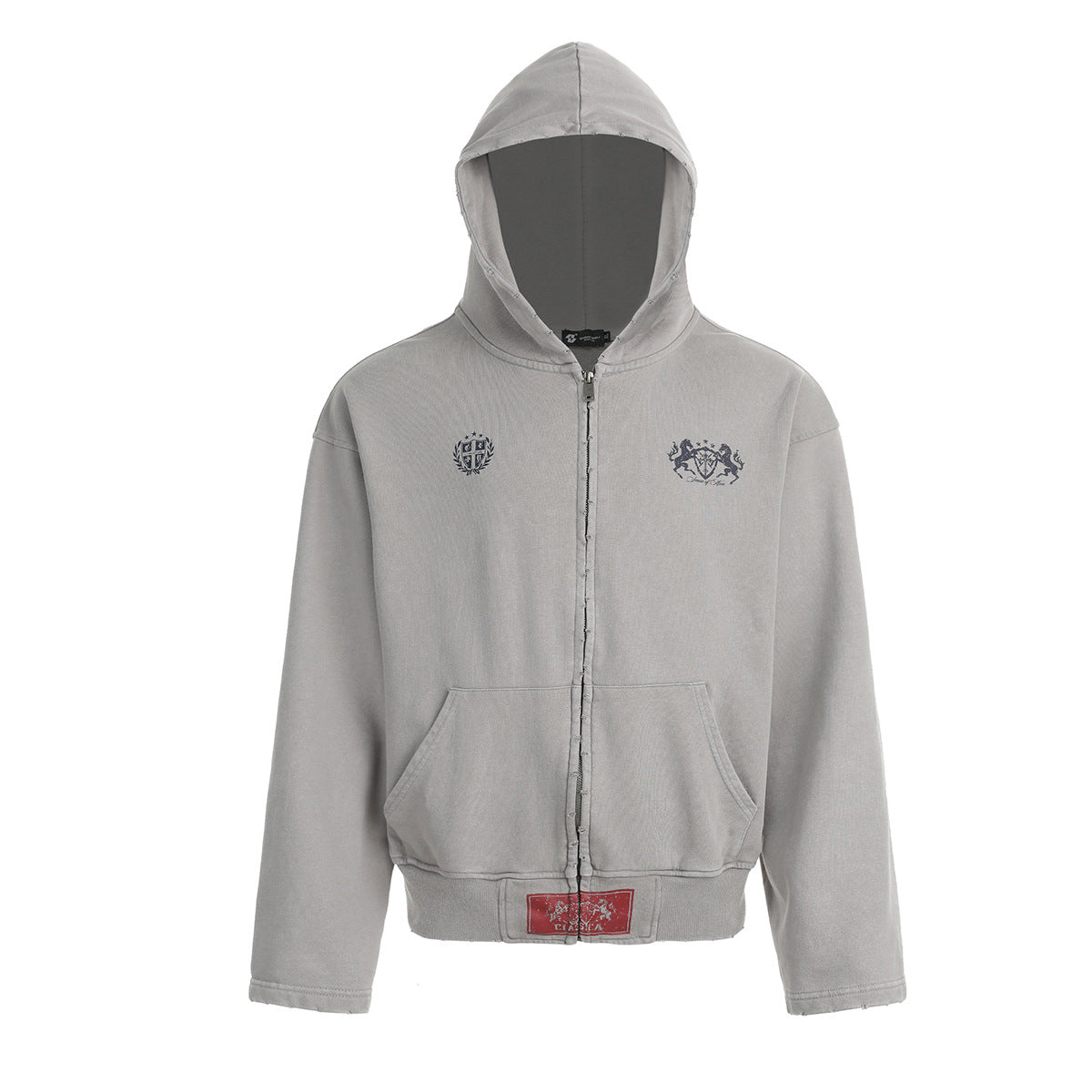 Zip-Up Cropped Hoodie Acid Wash Heraldic Crest Streetwear