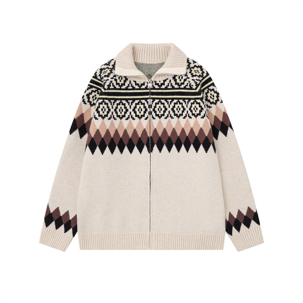 Men's Ethnic Jacquard Zip-Up Knit Cardigan Sweater – Argyle & Floral Pattern
